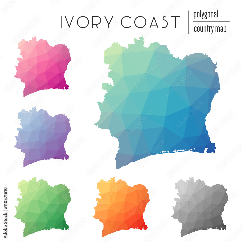 Aufkleber set of vector polygonal cote d'ivoire maps. bright gradient map of country in low poly style. multic