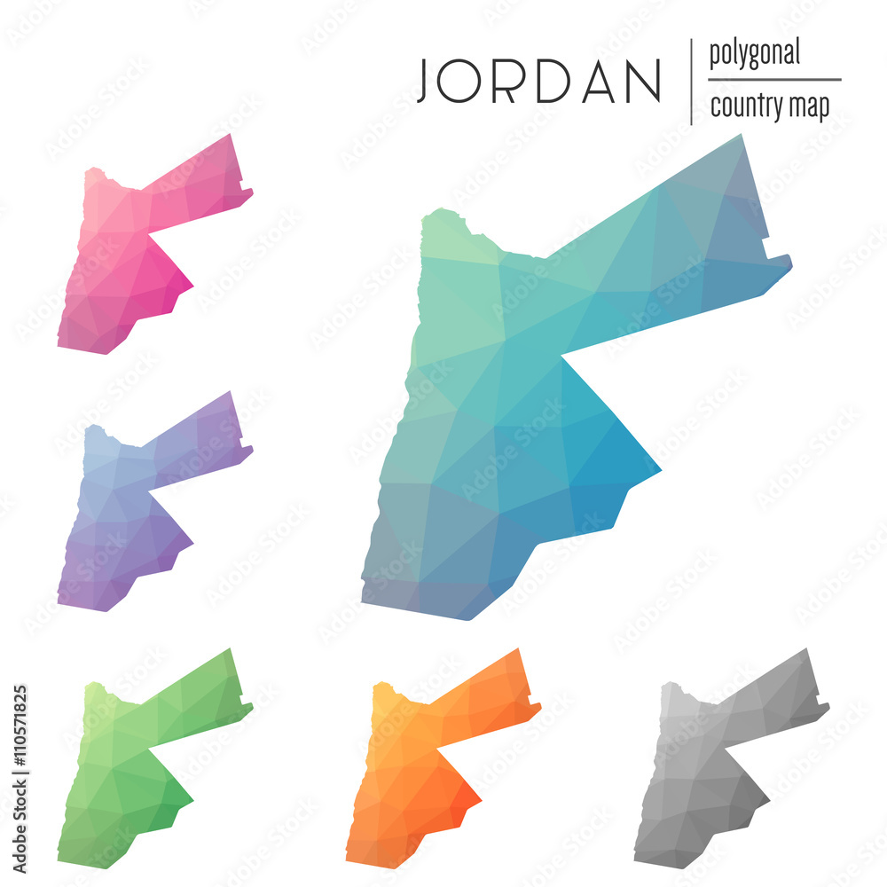 Poster set of vector polygonal jordan maps. bright gradient map of country in low poly style. multicolored 