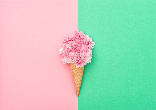 Cherry Tree Blossom Ice Cream Waffle Cone Minimal Flat Lay