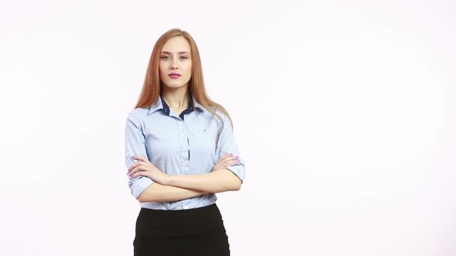 finger to his cheek. decision and skepticism. girl in blous.  Isolated on white background. body language. women gestures. nonverbal cues