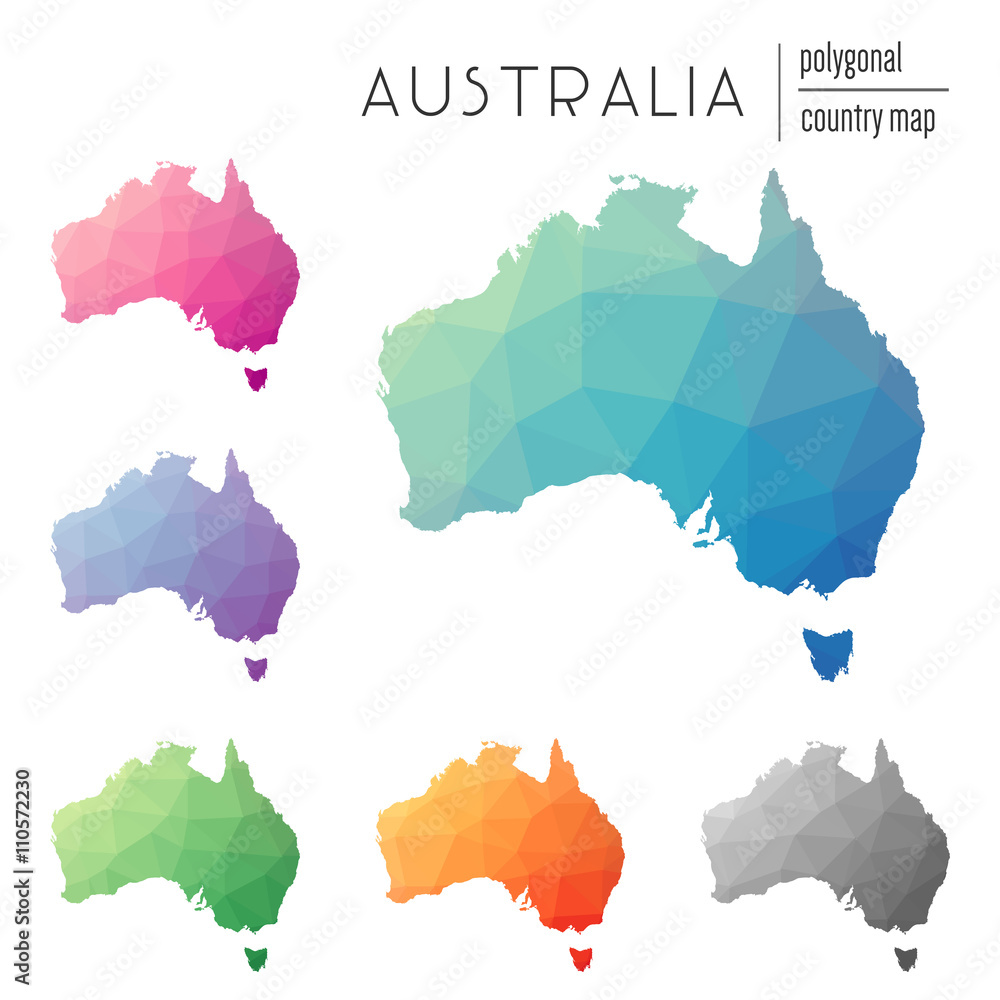 Poster set of vector polygonal australia maps. bright gradient map of the country in low poly style. multic
