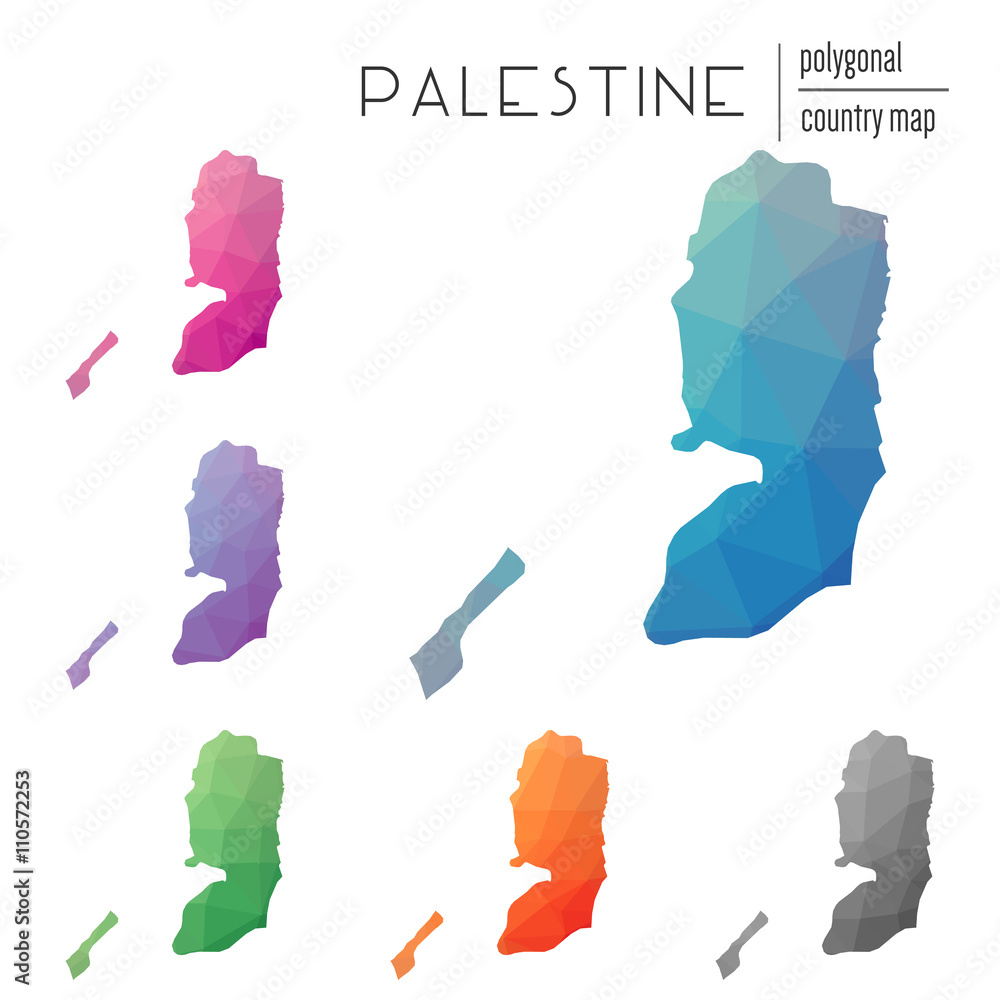 Poster set of vector polygonal palestine maps. bright gradient map of country in low poly style. multicolor