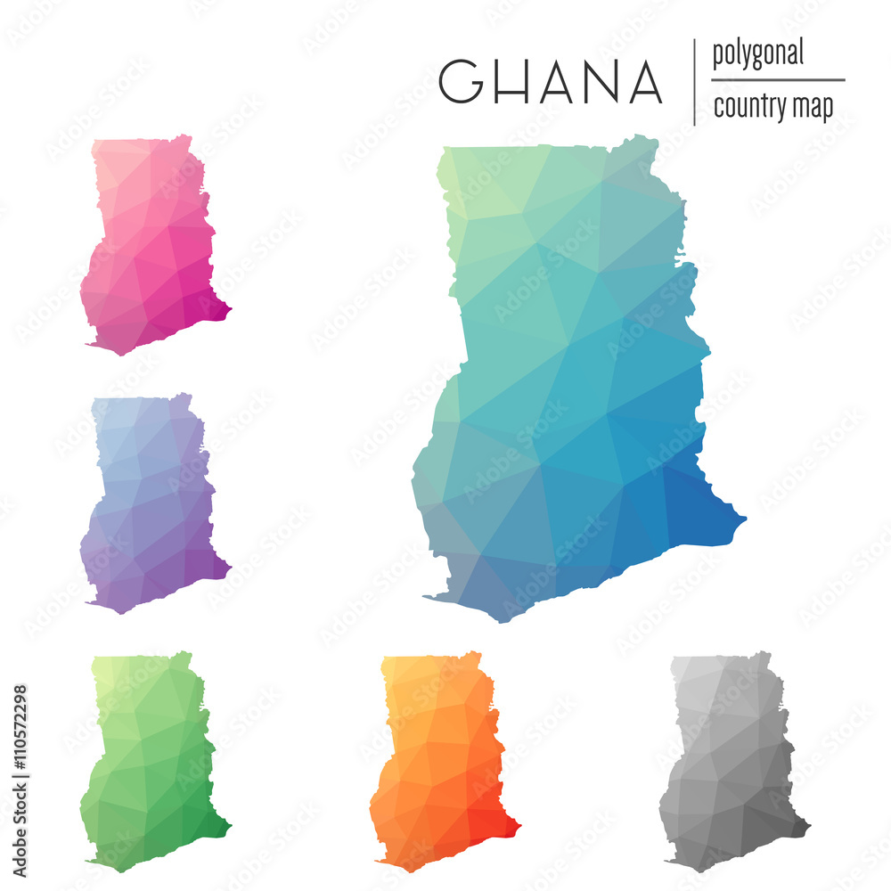Poster set of vector polygonal ghana maps. bright gradient map of country in low poly style. multicolored g