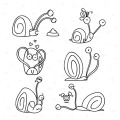Set of 6 snails doodle handmade. Snail with emotions. Sketch snail. Design elements with animals. Snail for design. Shellfish doodle. Doodle sketch. Doddle character. Cute snail . Summer doodle
