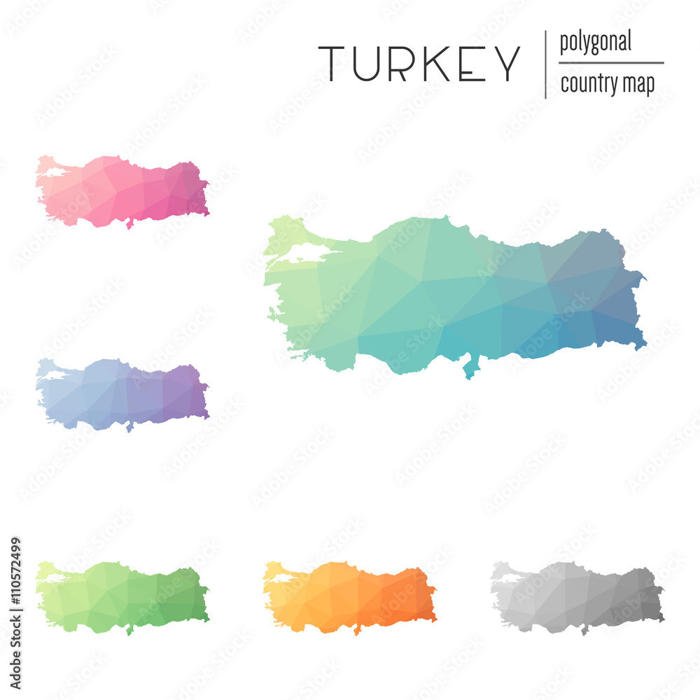 Poster set of vector polygonal turkey maps. bright gradient map of the country in low poly style. multicolo