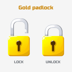 Cartoon gold padlock. Lock and unlock. Vector icons