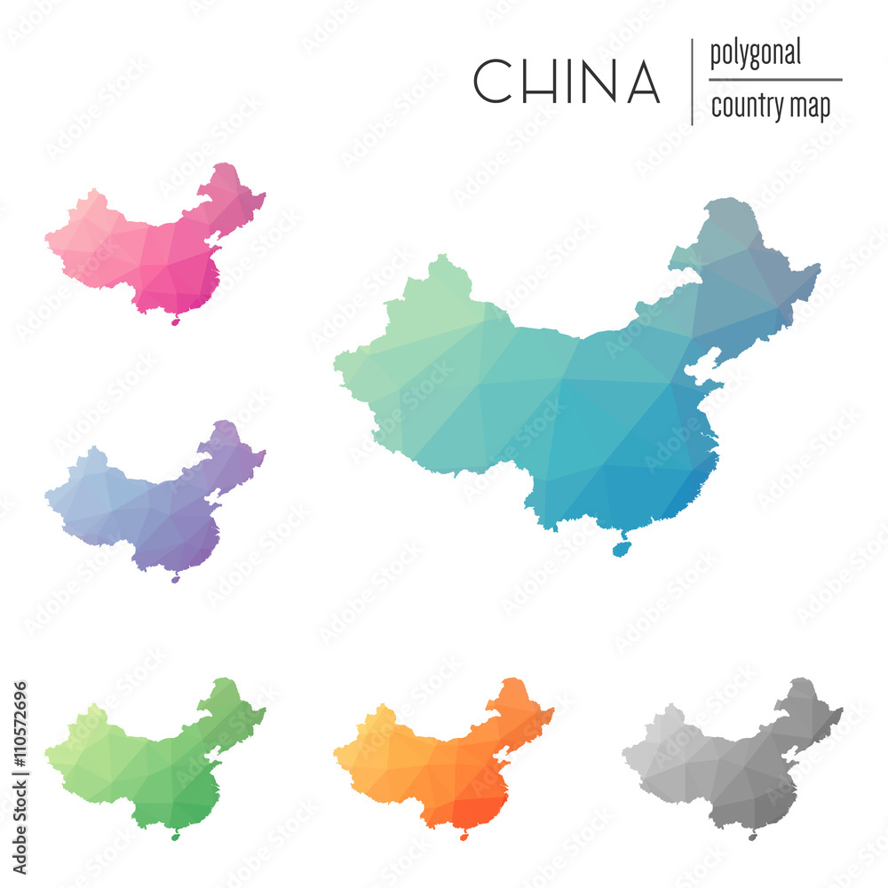 Poster set of vector polygonal china maps. bright gradient map of country in low poly style. multicolored c