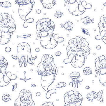 Seamless  pattern with cute cartoon mermaids octopus, jellyfish, fish and seashells  on blue  background. Underwater life. Children's illustration. Vector image.