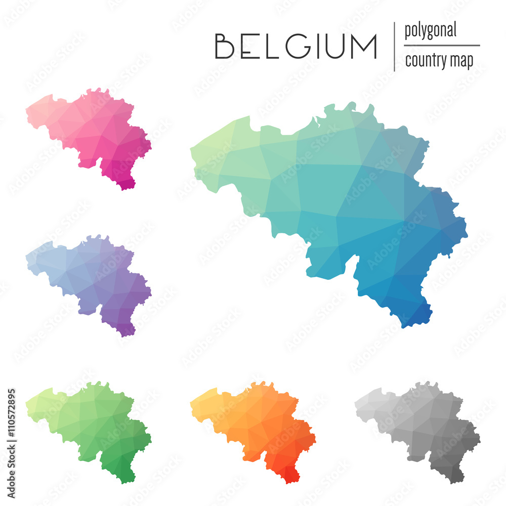 Poster set of vector polygonal belgium maps. bright gradient map of the country in low poly style. multicol