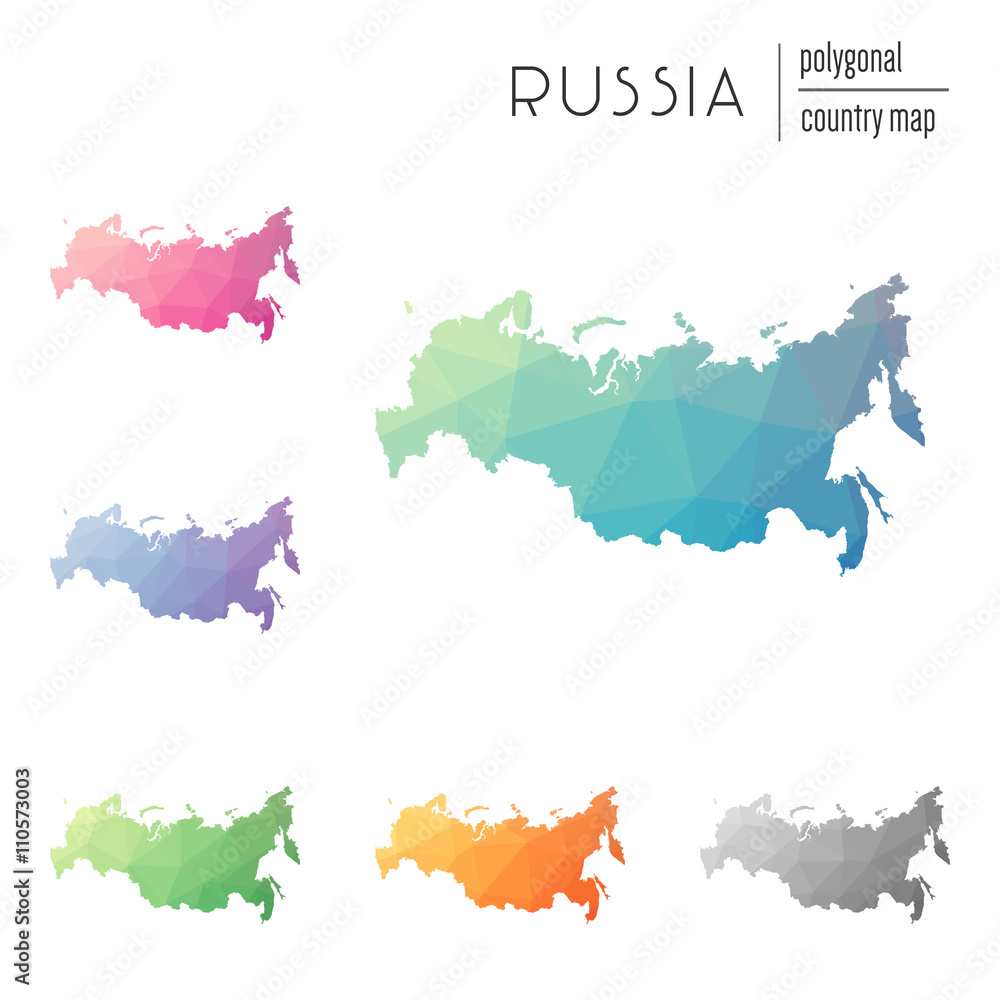 Poster set of vector polygonal russian federation maps. bright gradient map of country in low poly style. m