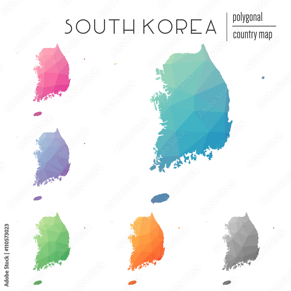 Aufkleber set of vector polygonal maps of south korea in a bright gradient low poly style. multicolored geomet