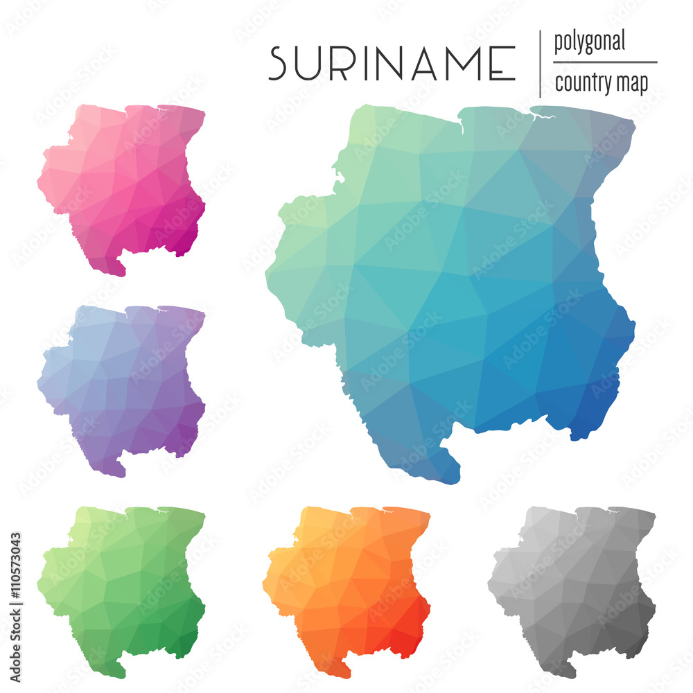Poster set of vector polygonal suriname maps. bright gradient map of country in low poly style. multicolore