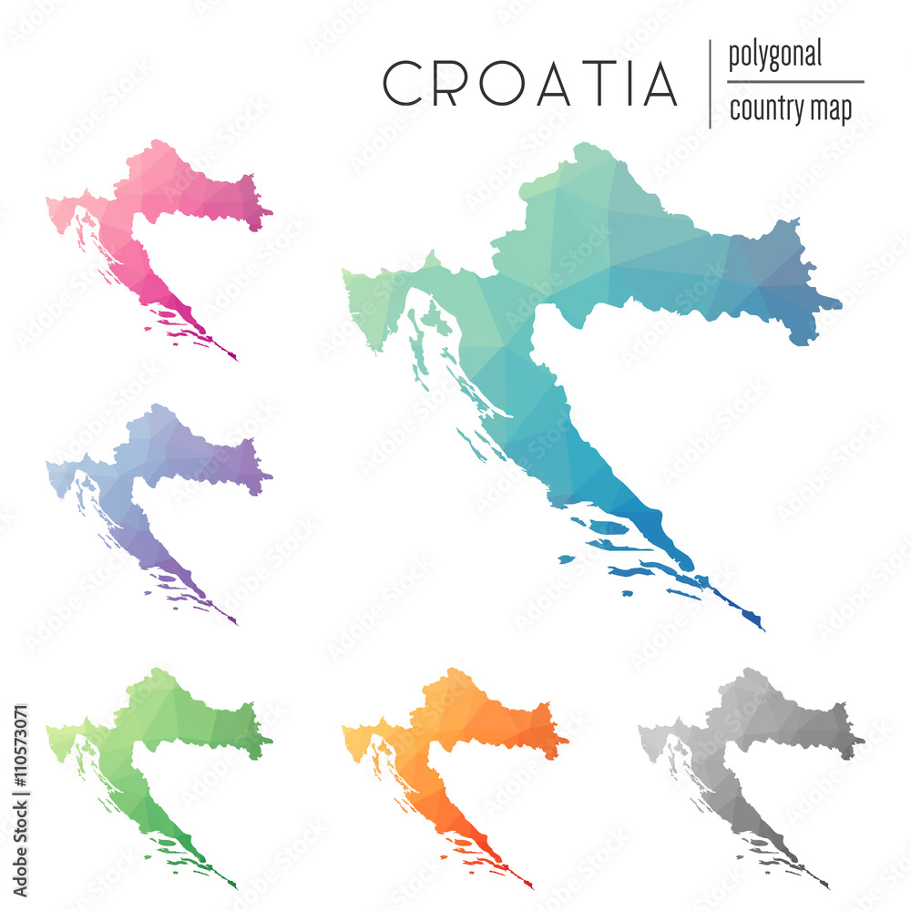 Poster set of vector polygonal croatia maps. bright gradient map of country in low poly style. multicolored