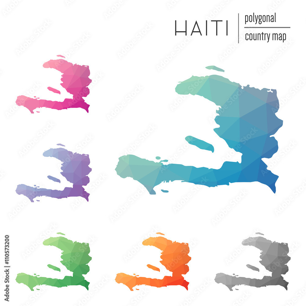 Poster set of vector polygonal haiti maps. bright gradient map of country in low poly style. multicolored h