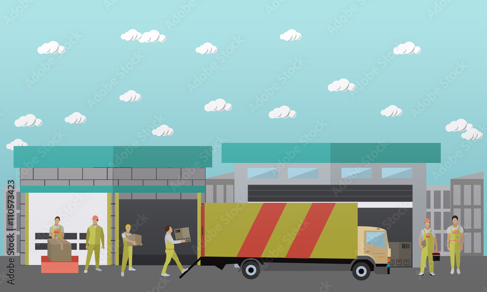 Poster logistic and delivery service concept banner. warehouse. vector illustration in flat style design