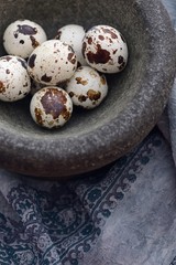Obraz premium quail eggs in stone mortar
