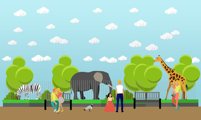 Zoo concept banner. People visiting zoopark with family and kids. Animals Vector illustration in flat style design.