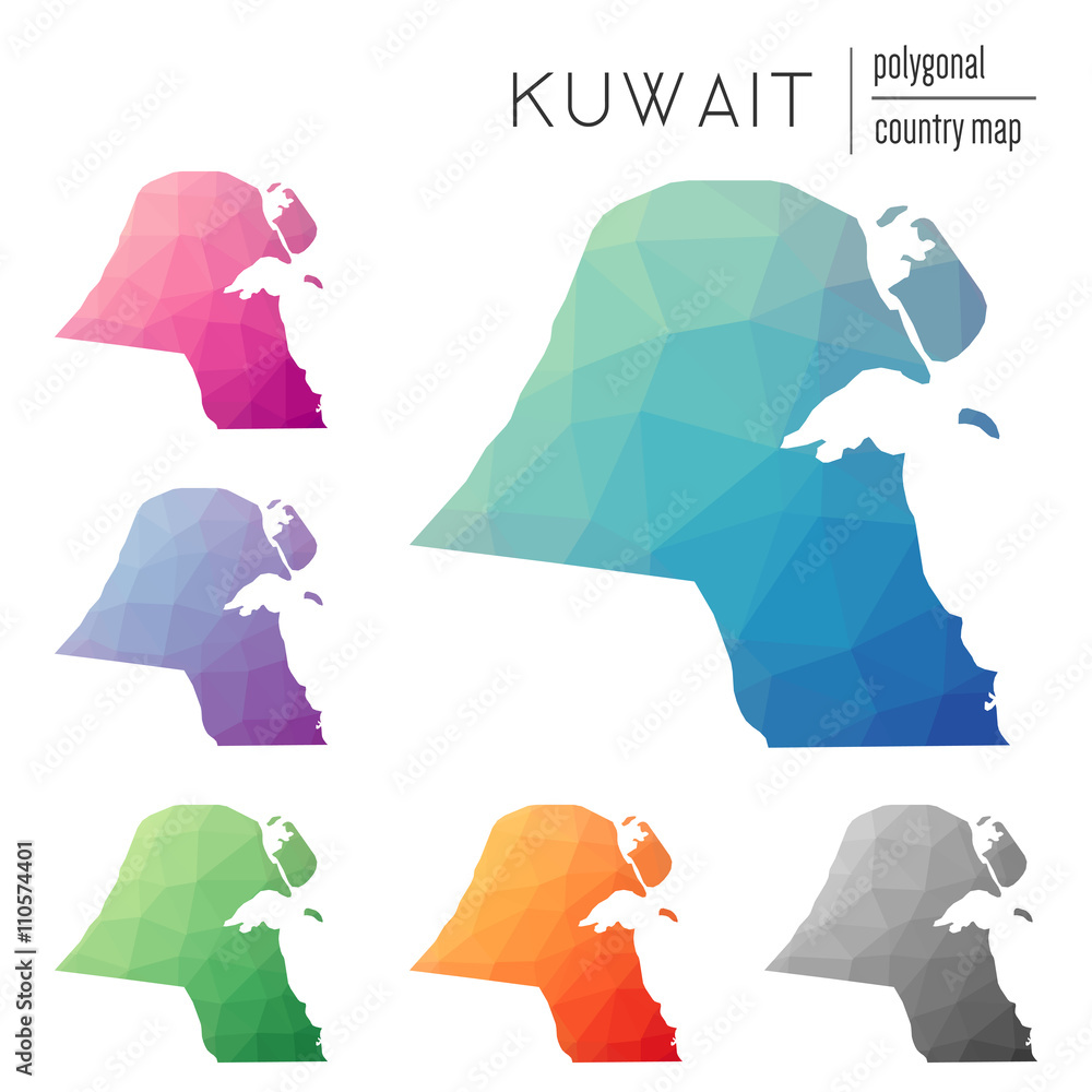 Poster set of vector polygonal kuwait maps. bright gradient map of country in low poly style. multicolored 