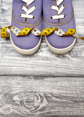 Fitness concept, fitness shoes. Copy space, top view