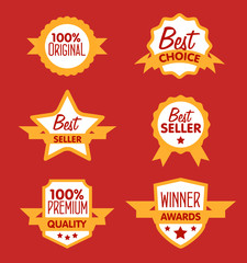 Collection of Premium Quality, Guarantee Labels, Best Seller and Winner badges on modern styled design. Vector logo concept for web graphics. 