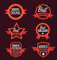 Collection of Premium Quality, Guarantee Labels, Best Seller and Winner badges on modern styled design. Vector logo concept for web graphics. 