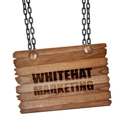 whitehat marketing, 3D rendering, wooden board on a grunge chain