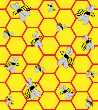 Vector Illustration. Bees on Honeycombs