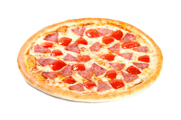 Pizza with tomatoes and ham on white background