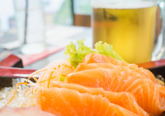 raw salmon sashimi, Japanese food