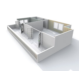 3d interior rendering paper model of empty home apartment oblique view: room, kitchen, bedroom, living room, bathroom, hall, entrance, balcony