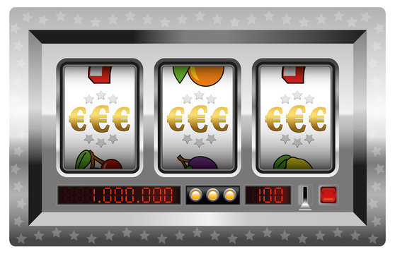 Euro symbols jackpot with silver slot machine. Isolated vector illustration on white background.
