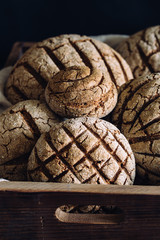 Traditional black rye-bread on vintage box