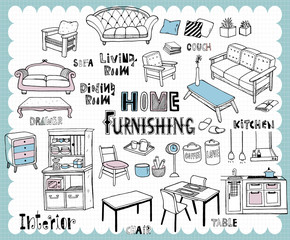 Hand drawn home furnishing set-Dining room and Living room