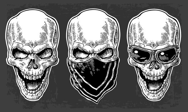 Skull smiling with bandana and glasses for motorcycle. Black vintage vector illustration. For poster and tattoo biker club. Hand drawn design element isolated on dark background.