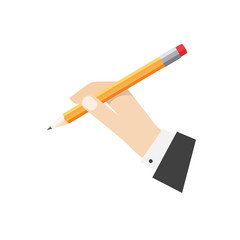 Hand holding pencil illustration, lead pencil with rubber in hand ready to draw or make note, flat cartoon icon design isolated on white background image