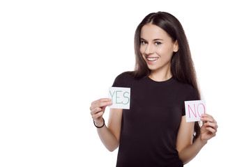 Beautiful young woman on white background