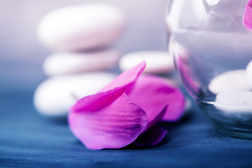 Naklejka na ściany i meble Spa still life with pink orchid and white zen stones on dark background - retro styled photo