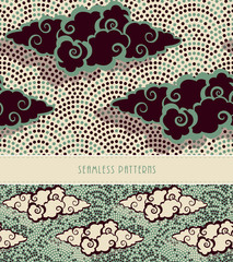 2 japanese style seamless patterns, clouds floating above a dotted background in green