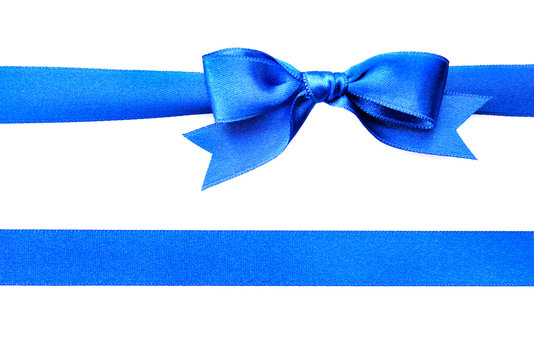 Blue horizontal ribbons and bow, isolated on white