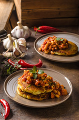 Bake beans with fluffly potato cakes