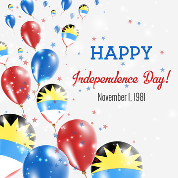 Antigua and Barbuda Independence Day Greeting Card. Flying Balloons in Antigua and Barbuda National Colors. Happy Independence Day Antigua and Barbuda Vector Illustration.