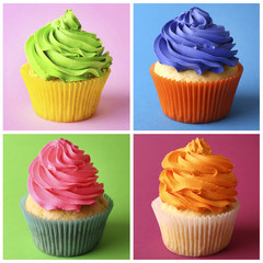 Set of colourful cupcakes on motley backgrounds