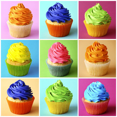 Big collection of colourful cupcakes on motley backgrounds