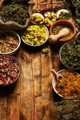 Assortment of dry medicinal herbs in bowls on wooden background top view