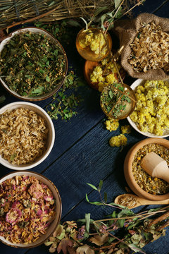 Assortment of dry medicinal herbs in bowls on wooden background top view
