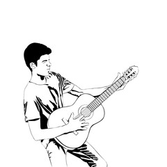 Young man playing the guitar . Man with acoustic guitar line art style. Vector illustration guitarist isolated on white background