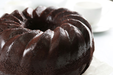 Chocolate muffin cake, on the table, close-up