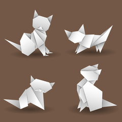 Set of four cats paper, origami art. Templates for your design.