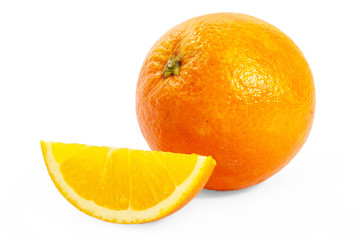 Sliced orange fruit with leaves isolated on white background