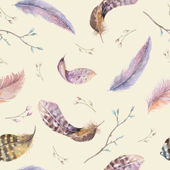 Feathers repeating pattern. Watercolor background with seamless